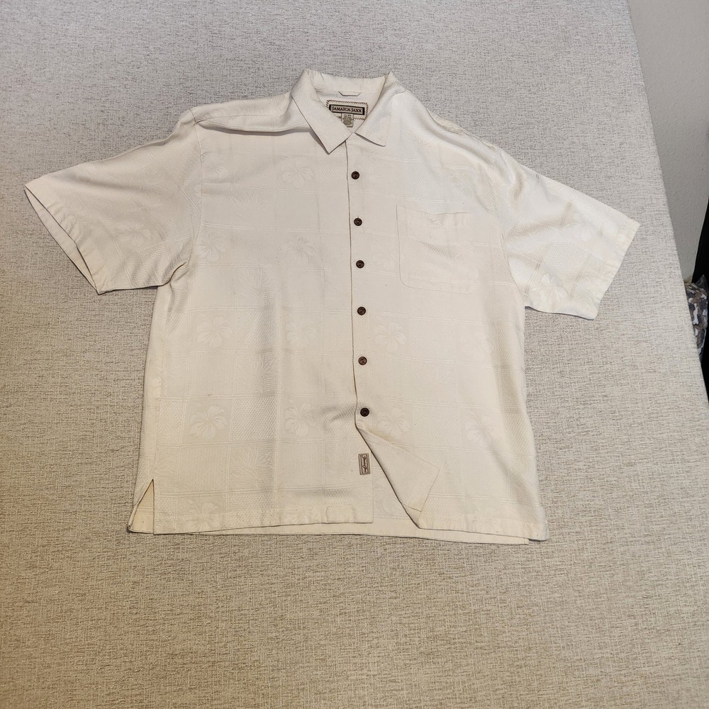 Jamaica Jaxx Silk Button Up Shirt Mens XL Cream Floral Jacquard Tropical Camp